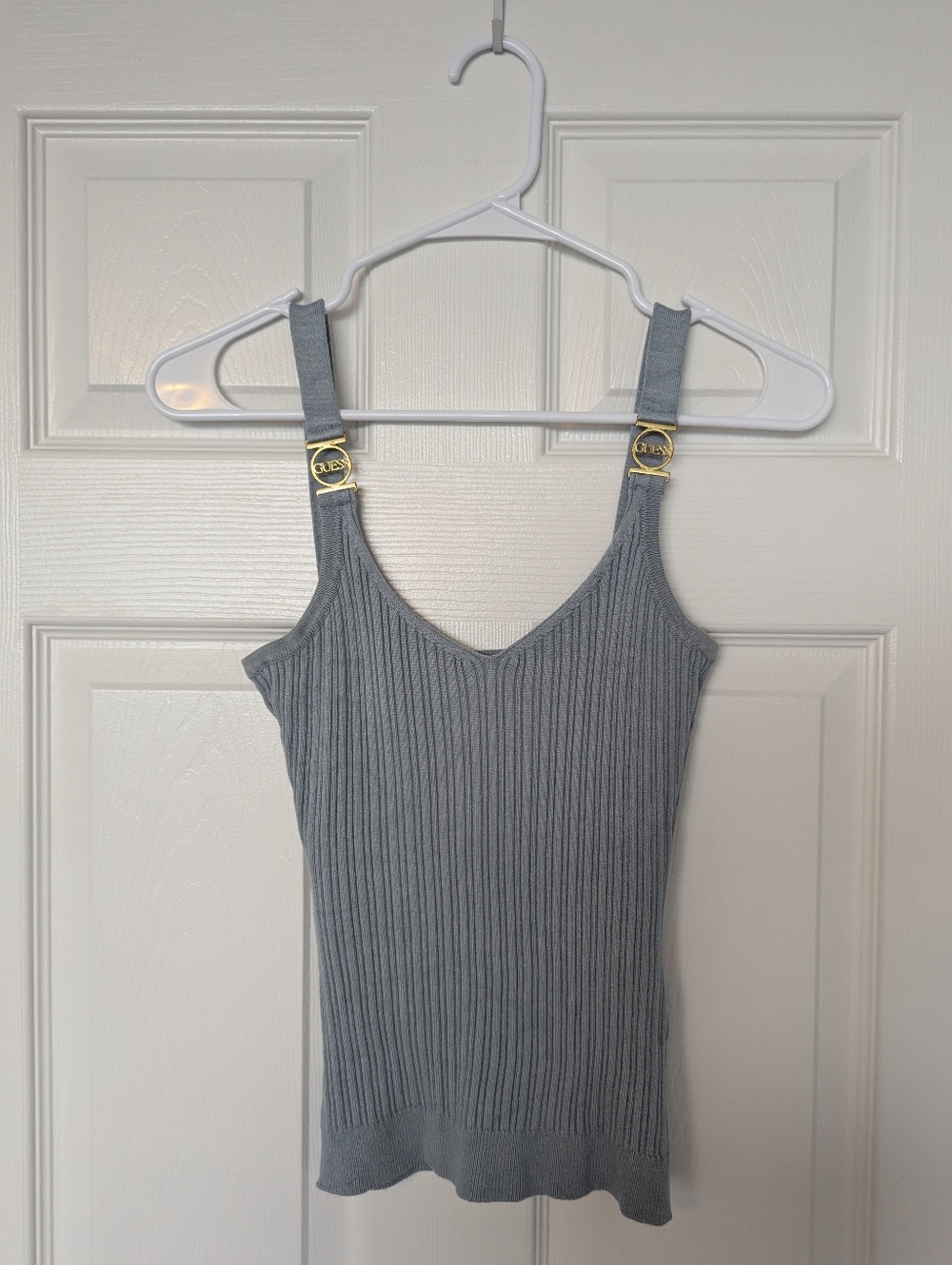 GUESS Light Blue Ribbed V-Neck Tank with Gold Accent Straps